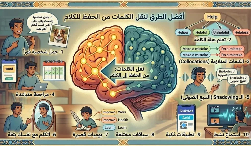 10 طرق عملية تنقل بيها الكلمات من الحفظ للكلام