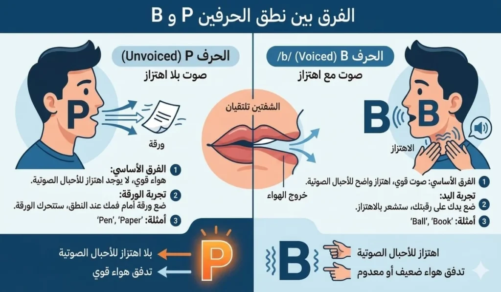 أولًا: P و B… نفس النطق تقريبًا بس الفرق في الصوت