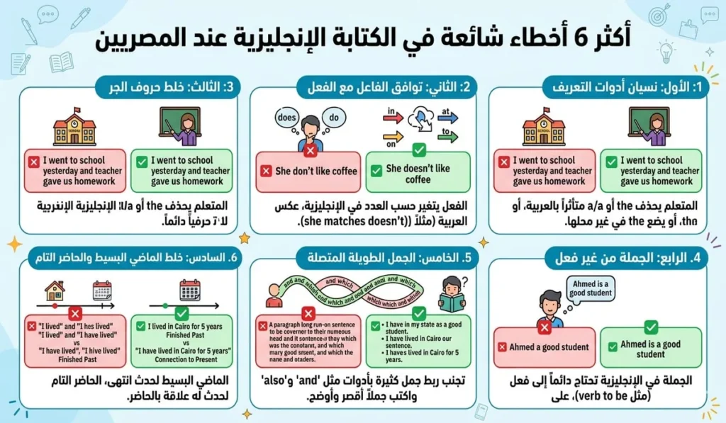 مش بتعرف تكتب جمل صح بالإنجليزي؟ | إزاي تكتب بطلاقة خطوة بخطوة 2 أكتر 6 أخطاء شائعة في الكتابة الإنجليزية عند المصريين