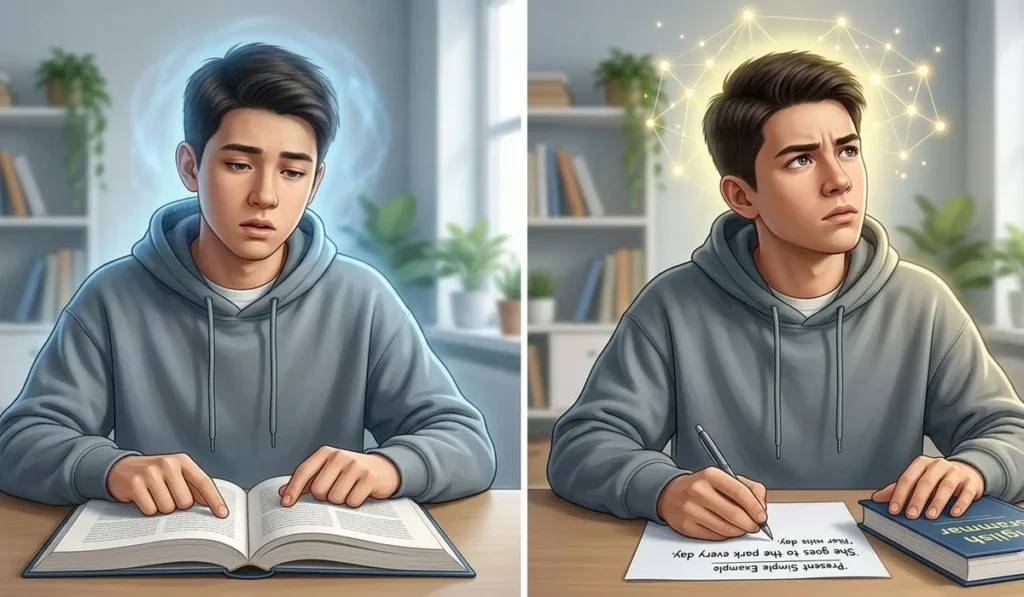 بتحفظ القواعد وتنساها؟ | إزاي تثبت الجرامر في دماغك للأبد 2 السبب الرابع: بتعيد قراءة القاعدة بدل ما تختبر نفسك