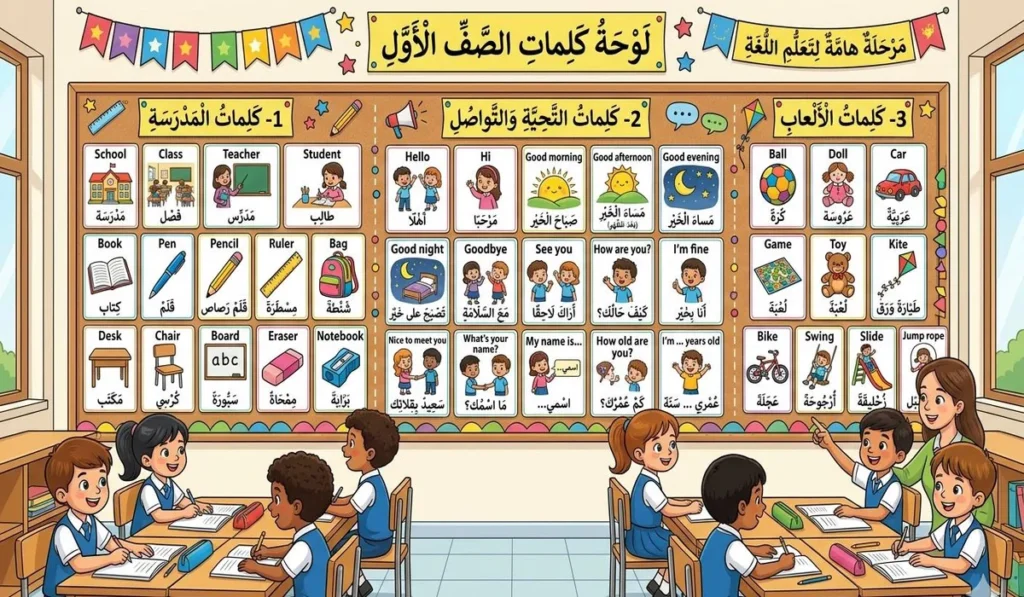 كلمات الصف الأول الابتدائي — التحية والمدرسة والألعاب